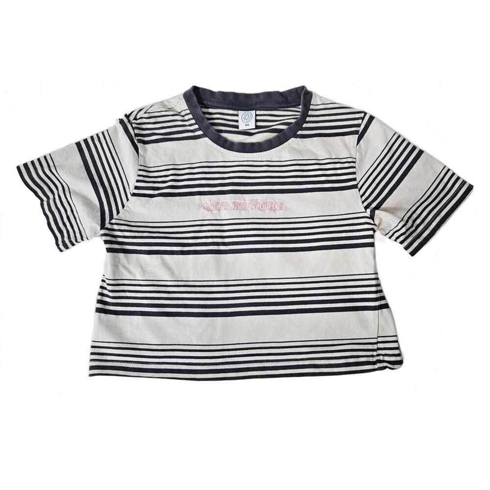 Odd Future Women's Cream/Gray Casual Striped Tee with Pink‎ Embroidery XS
